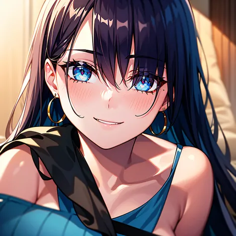 Evelyn, woman, Dark blue hair which covers one eye and ends at the neck, bright red eyes, has a mischievous smile on. looking downwards at the viewer who looks upwards at her.
BREAK dress, jewelry, earrings, belt, see-through, blue dress,
BREAK looking at ...