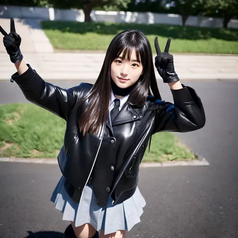 Innocent Japan high school girl、(Black leather gloves on both hands up to the tips of the fingers)、Black Leather Trend Coat、Black Leather Knee High Long Boots(Black leather gloves on both hands up to the tips of the fingers)、Traveling alone