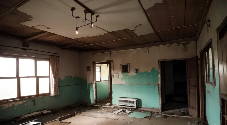 Interior of old bungalow from walking inside, decrepit, cold