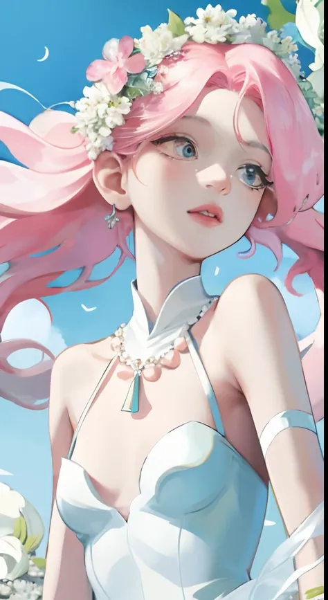 The colors in this image are muted，Take inspiration from soft watercolors，Should be mostly pink. Produces a delicate and serene flower princess，Soft hair dances in the wind，Its complicated to weave. Her sweet face was puffy, Delightful lips and stunning, H...