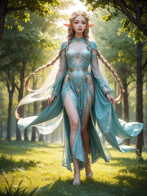 Graceful elven girl standing in meadow, Delicate face illuminated by the soft light of the setting sun. Her long, Flowing hair runs down your back, Decorated with intricate braids、Adorned with sparkling gemstones. This great photo is、、、It captures the ethe...