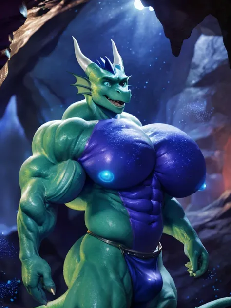 solo, male, (male anthro dragon:1.3), (green body:1.1), yellow belly, (standing:1.3), (kemono:1.2), (cave:1.23), (excited:1.3), open mouth,  ,detailed eyes, dragon tail, horn, (huge muscles:1.4), (huge pecs:1.4), (detailed eyes), (indoors:1.35), (dark:1.4)...