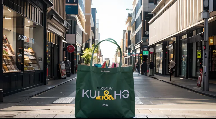 a hyper realistic photography of a shopping bag in Melbourne, Australia, no people, Nikon D850 DSLR 4k camera, 100mm lens, F 1.2 aperture setting, bright and natural lighting, vibrant, fun and relaxing atmosphere