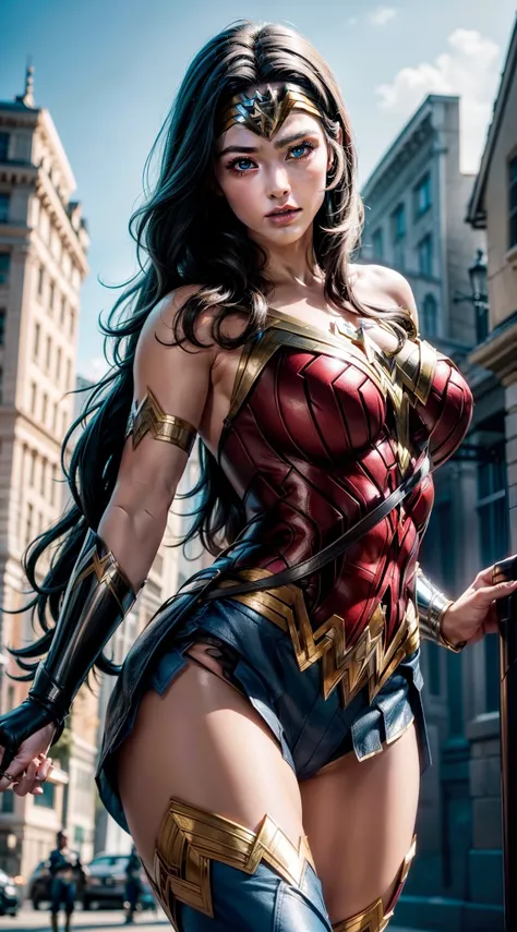 ((JUSTICE LEAGUE WONDER WOMAN, fighting pose, kicking with legs apart)), Beautiful girl of the highest level based on the character WONDER WOMAN, very high quality, Highest image quality, Top resolution, RAW Photo, Realistic, Photorealistic, ultra detailed...