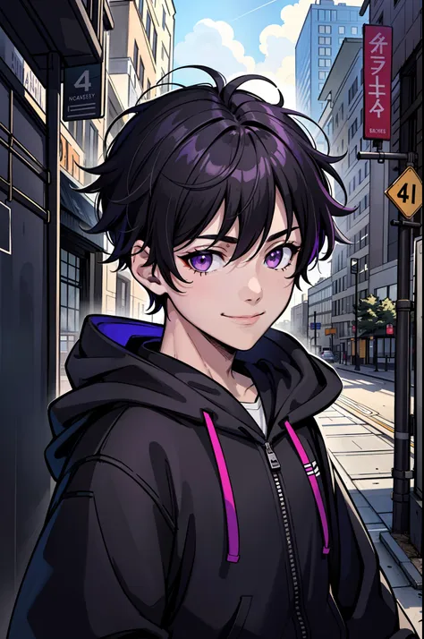 young boy, 1boy, short, bus stop, purple eyes, black hair, messy hair, bangs between eyes, best quality, day, masterpiece, color...