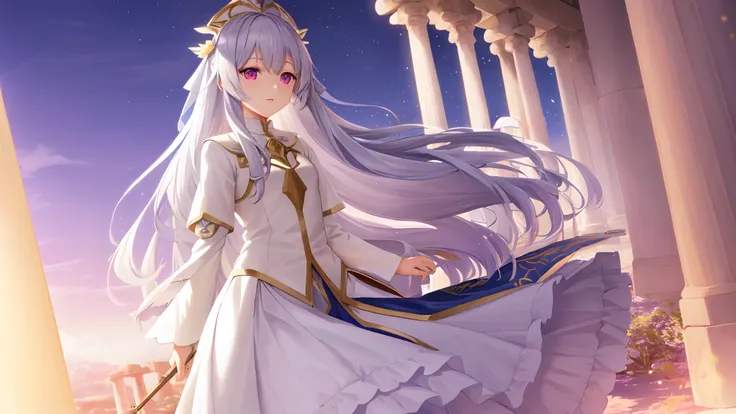 cute little girl illyasviel from fate has long silvery-white hair,pink eyes,wearing golden robe and long skirt,athena temple in ...