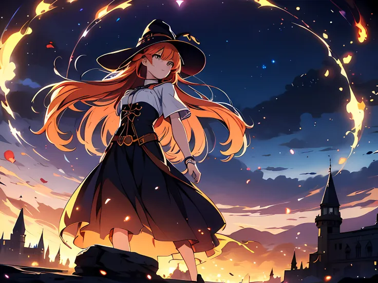 1 woman mage, calm look, beautiful eyes finely detailed, long orange hair gives off light amber light reflections, her clothes a...