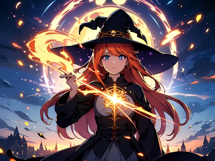 1 woman mage, calm look, beautiful eyes finely detailed, long orange hair gives off light amber light reflections, her clothes a...