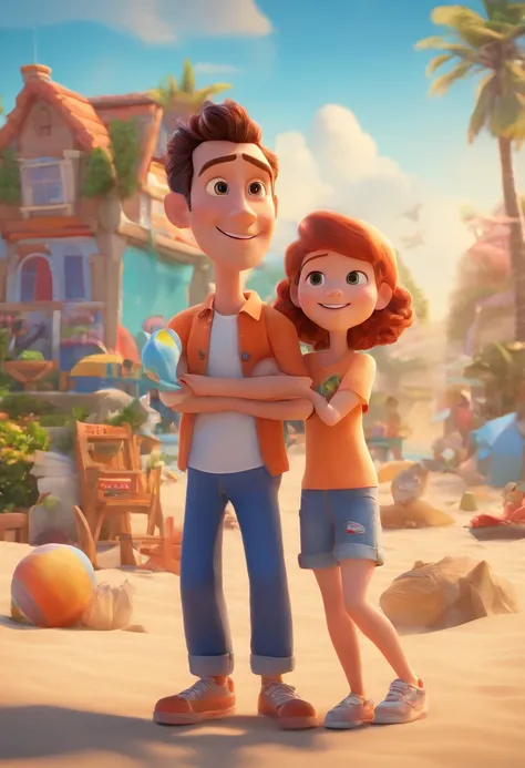 Pixar poster, a couple on the beach, the girl is sitting on the boys shoulders, the girl is wearing a white shirt and blue jeans with open arms, straight hair, the boy is wearing a gray T-shirt, orange jacket, green shorts and sneakers, the two are smiling...