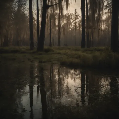 ((Masterpiece)), (Best quality), (Ultra detailed), ((Very detailed)), 4K, (8K), Marshlands，dimly lit，big trees，Swamp Swamp