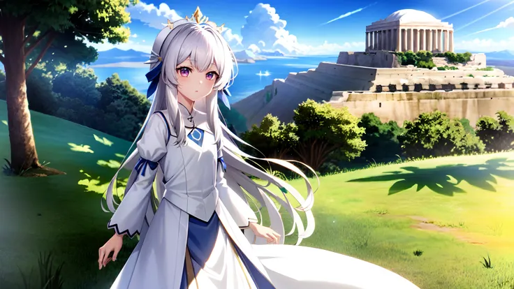 Cute very little girl Illyasviel from fate has long silvery-white hair,pink eyes,wearing regal attire and long skirt,greek Acropolis in background,very little girl,loli,kawaii,anime style,Lumen Reflections,Screen Space Reflections,Diffraction Grading,Chrom...