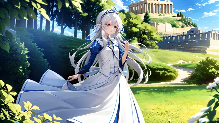 Cute very little girl Illyasviel from fate has long silvery-white hair,pink eyes,wearing regal attire and long skirt,greek Acropolis in background,very little girl,loli,kawaii,anime style,Lumen Reflections,Screen Space Reflections,Diffraction Grading,Chrom...