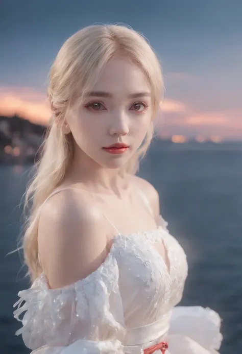 guchen,dreamy,1girl,solo,blonde hair,barefoot,white dress,water,night,sky,long hair,standing,bangs,bare shoulders,red eyes,night sky,