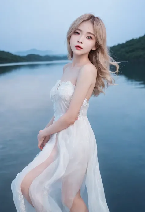 guchen,dreamy,1girl,solo,blonde hair,barefoot,white dress,water,night,sky,long hair,standing,bangs,bare shoulders,red eyes,night sky,