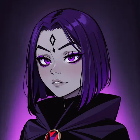 Raven, teen titans, hooded, goth girl, autumn forest background, detailed, detailed, detailed, beautiful, detail, goth girl, masterpiece, purple clothes, red jewel centre head, dark night background, gothic, goth, goth, detailed, goth girl, piercings, deta...