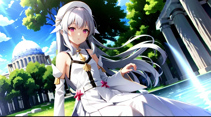 Cute very little girl Illyasviel from fate has long silvery-white hair,pink eyes,wearing white robe and long skirt,beads on neck,greek Acropolis in background,very little girl,loli,kawaii,anime style,Lumen Reflections,Screen Space Reflections,Diffraction G...