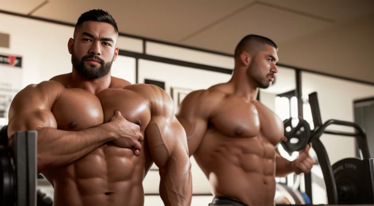 (Very detailed 8k wallpaper), Strong Asian Men, At the gym, high detailing, buzzcut, very short beard, very large and strong body, bulging muscles, well-muscled, very large pectoral muscles. Very sexy abs, legs are muscular, Toned figure, lightens oily ski...