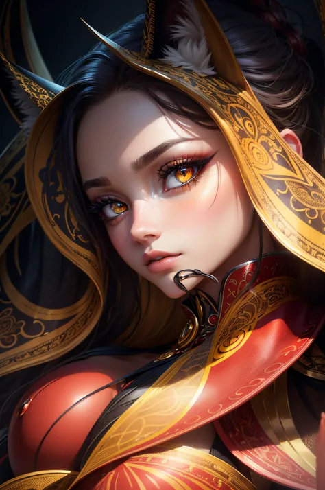 (best quality,highres:1.2),(realistic:1.37),(vivid colors),(bokeh),red and yellow foxy eyes,beautiful detailed eyes,animalistic eyes,fierce and captivating eyes,sharp focus,eyelashes like a work of art,unique color composition,wild and alluring,mesmerizing...