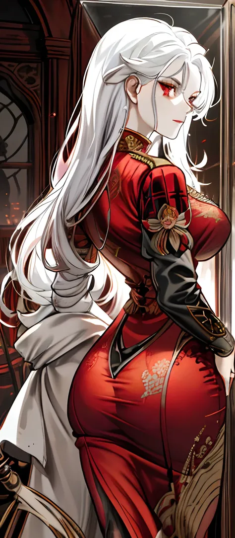 1female, White hair, Red eyes, (woman，Royal Sister_Shot:1.2), Ass focus, Long hair, side locks,Dangerous expressions，Extreme panic，Close-up of the front of the butt，After being violated ，Scared,(terrified:1.1) expression,Watching from behind，Back view, Atm...