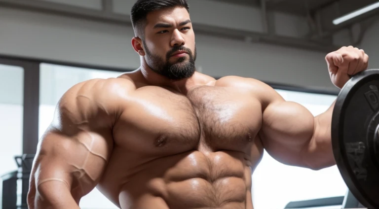 (Very detailed 8k wallpaper), Strong Asian Men, At the gym, high detailing, buzzcut, very short beard, very large and strong body, bulging muscles, well-muscled, very large pectoral muscles. Very sexy abs, legs are muscular, Toned figure, lightens oily ski...