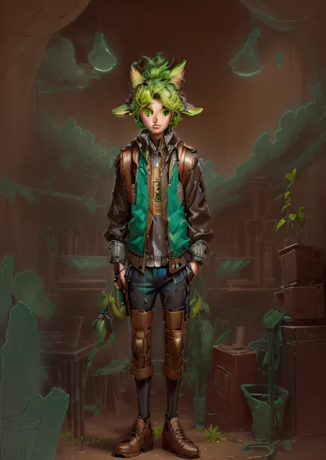 Green hair, plant ears, wearing a jacket, carrying a backpack, brown leather shoes