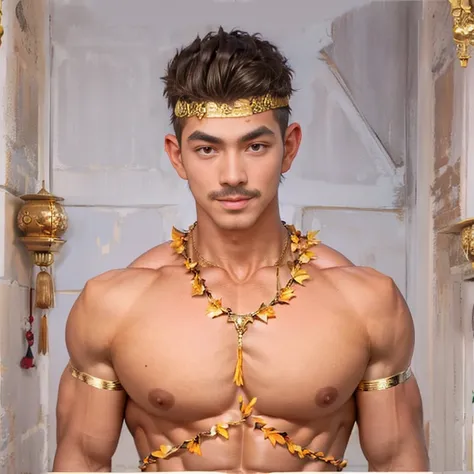 masuter piece、well built、jefri nichol a javanese Male、Age 15、Hot Guy、lite moustache, muscular、macho、wearing majapahit kingdom costume, gold head band, gold shoulder band, gold necklace, gold crown, hair bund,  long-haired、Fade Cut、bodybuilder, Large body、l...