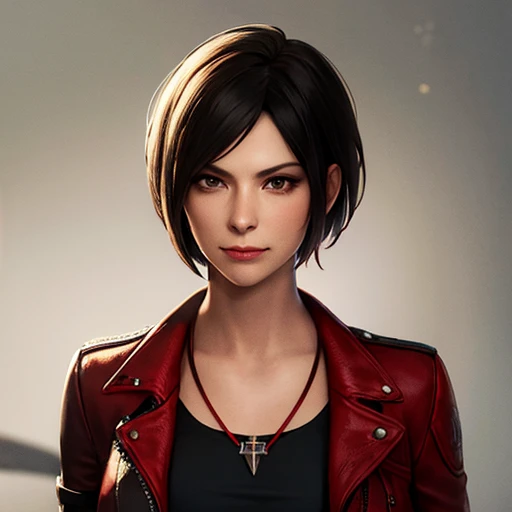 solo, 1girl, short hair, weapon, sword, brown eyes, brown hair, necklace, realistic, jacket, looking at viewer, breasts, upper body, red jacket, jewelry, black hair, dante (devil may cry), closed mouth, lips,