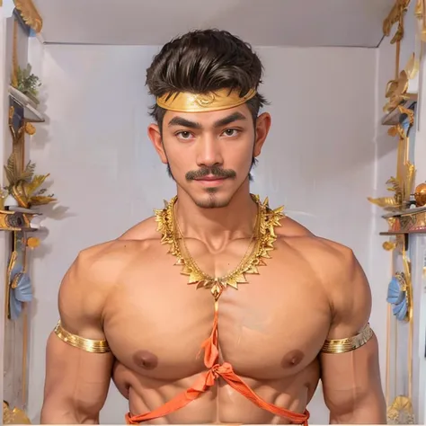 masuter piece、well built、jefri nichol a javanese Male、Age 15、Hot Guy、lite moustache, muscular、macho、wearing majapahit kingdom costume, gold head band, gold shoulder band, gold necklace, gold crown, hair bund,  long-haired、Fade Cut、bodybuilder, Large body、l...