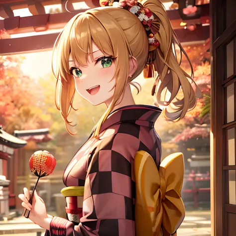 {{{{{masutepiece, Best Quality, ultra-detailliert}}}}}, 1 woman, Happy laughter, Beautiful ponytail hairstyle, Beautiful face, Beautiful big green eyes, Have a colorful bouquet, Beautiful shrine on the background of autumn leaves, (Checkered kimono:1.5)