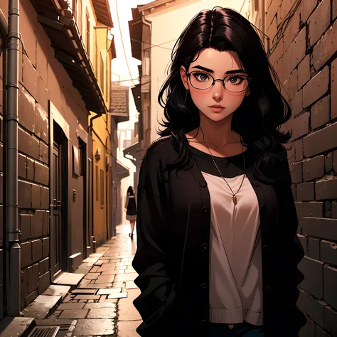 17 year old deep black haired girl in a narrow alley at night, lentes y aspecto de nerd con pecas notables en su rostro con un sueter grande negro, cabello corto hasta los hombros y ligeramente rizado