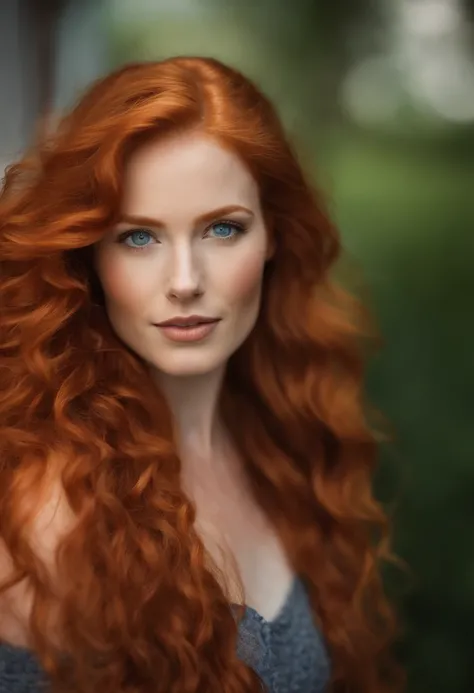 arafed woman with long red hair and blue eyes posing for a picture, curly copper colored hair, orange skin and long fiery hair, orange flowing hair, ginger wavy hair, flowing ginger hair, red curled hair, long curl red hair, red hair and attractive feature...