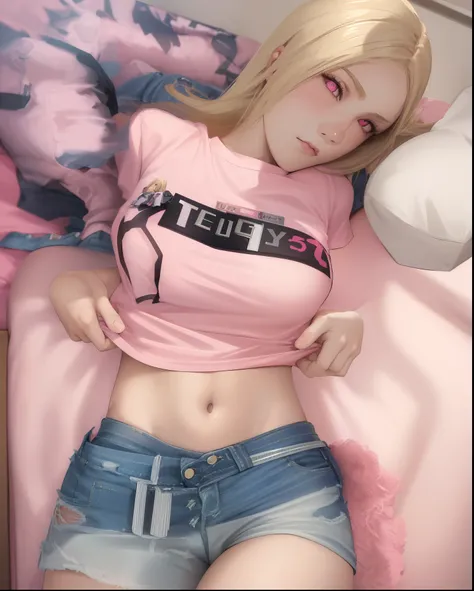 1girl, laying, pink bedroom, blonde hair, t-shirt, light wash denim shorts, bedazzled belt, short shorts, short sleeve, seductive face, indoors, cowboy shot, masterpiece, pink eyes, 4k best quality, instagram