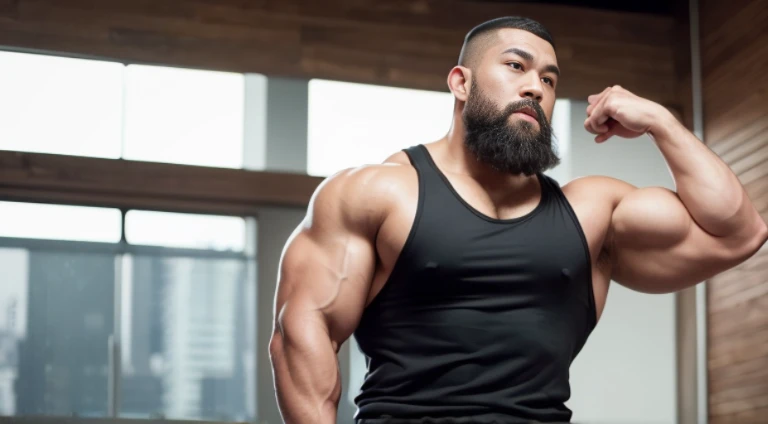 (Very detailed 8k wallpaper), Strong Asian Men, At the gym, high detailing, buzzcut, very short beard, very large and strong body, bulging muscles, well-muscled, very large pectoral muscles. Very sexy abs, legs are muscular, Toned figure, lightens oily ski...