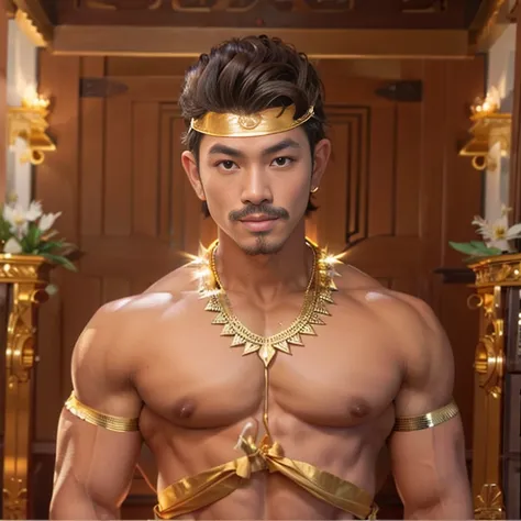 masuter piece、well built、jefri nichol a javanese Male、Age 15、Hot Guy、lite moustache, muscular、macho、wearing majapahit kingdom costume, gold head band, gold shoulder band, gold necklace, gold crown, hair bund,  long-haired、Fade Cut、bodybuilder, Large body、l...