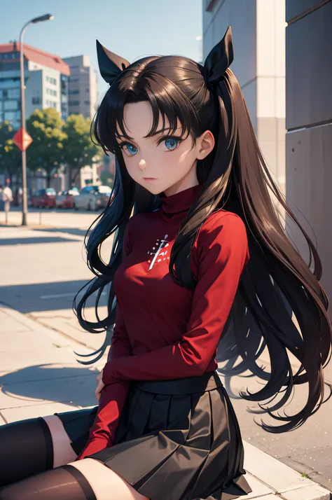 (masterpiece), best quality, expressive eyes, perfect face, 1girl, solo, rintohsaka, rin tohsaka, aqua eyes, black hair, hair ribbon, long hair, ribbon, sidelocks, two side up, black skirt, black thighhighs, long sleeves, miniskirt, pleated skirt, ((red sw...