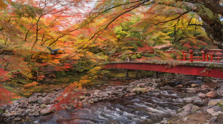 Arafi Bridge over a creek，There are red railings and red benches, aomori japan, Color ( sony a 7 r iv, autum, in fall, during fall, near a japanese shrine, in fall, heroine japan vivid landscape, rich picturesque colors, inspired by Miyagawa Chōshun, Japan...