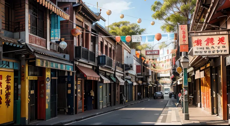 a hyper realistic photography of a Chinatown Melbourne in Melbourne, Australia, no people, Nikon D850 DSLR 4k camera, 100mm lens, F 1.2 aperture setting, bright and natural lighting, vibrant, fun and relaxing atmosphere