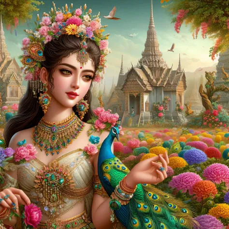 a woman in a dress with a peacock and flowers in her hand, a beautiful fantasy empress, a goddess in a field of flowers, thailand art, beautiful art uhd 4 k, beautiful fantasy art, gilded lotus princess, 4k highly detailed digital art, flower goddess, beau...