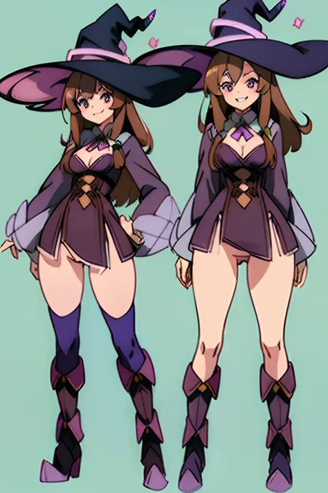 ((masterpiece)),(((best quality))),(((very detailed))), (Character design sheet, same character, same outfit, multiple views. 1 mature woman, long brown hair, eyes brown, naughty happy smile showing its fangs and sharp teeth. Dressed view, purple witch clo...