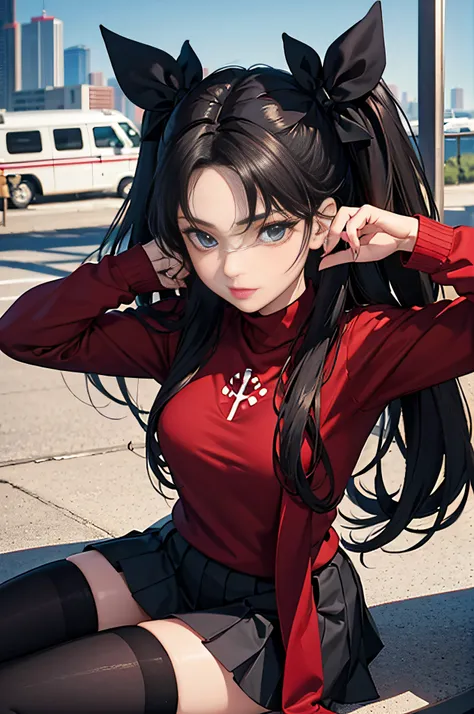 (masterpiece), best quality, expressive eyes, perfect face, 1girl, solo, rintohsaka, rin tohsaka, aqua eyes, black hair, hair ri...