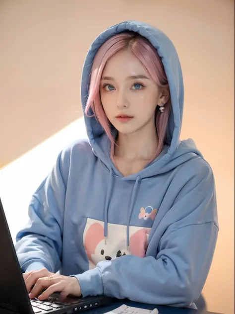 mika pikazo, 1girll, Blue eyes, Blue hoodie, Computer, Earrings, Hood, Hoodie, jewelry, keyboard (Computer), logo, Logo imitation, mouse (Computer), Multicolored eyes, Pink hair, recycle bin, Solo, White background, Yellow eyes, ,