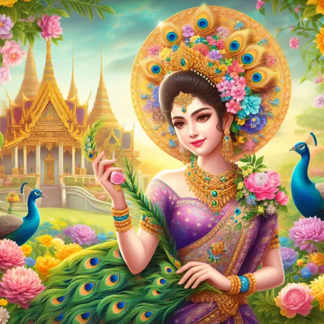 a painting of a woman in a purple dress holding a peacock, thailand art, a beautiful fantasy empress, indian goddess of wealth, portrait of a beautiful goddess, goddess of love and peace, beautiful goddess, flower goddess, beautiful art uhd 4 k, gilded lot...