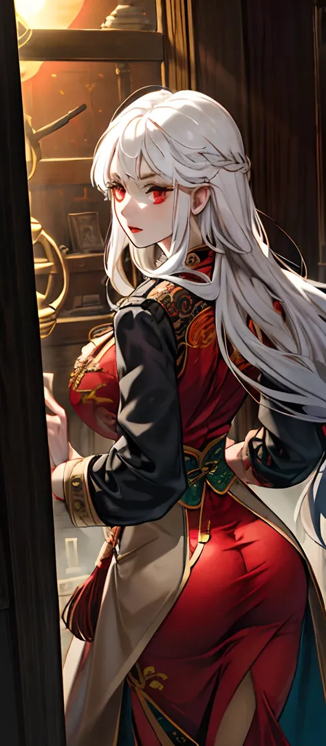 1female, White hair, Red eyes, (woman，Royal Sister_Shot:1.2), Ass focus, Long hair, side locks,Dangerous expressions，Extreme panic，Close-up of the front of the butt，After being violated ，Scared,(terrified:1.1) expression,Watching from behind，Back view, Atm...