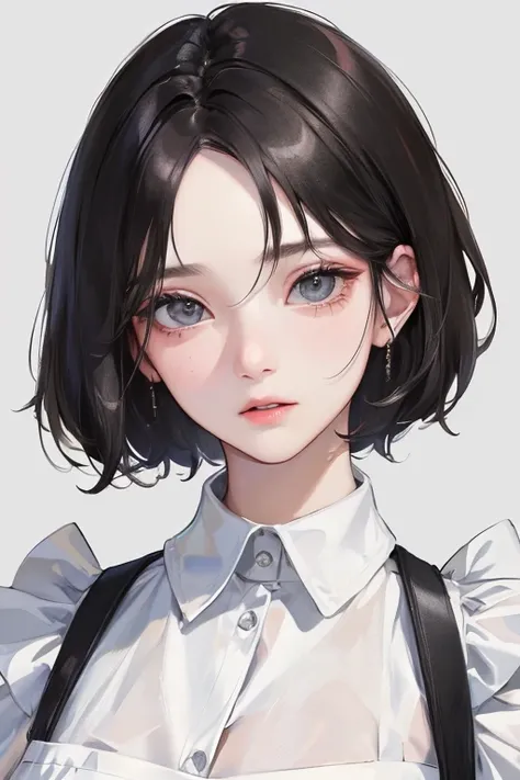 (Top resolution、Distinct_image)top-quality、femele、​masterpiece、ighly detailed、Semi-realistic、Black short hair、Dark hair、grey  eyes、bangss、21years old、Mature、年轻、apron、Exquisite facial features、Facial features