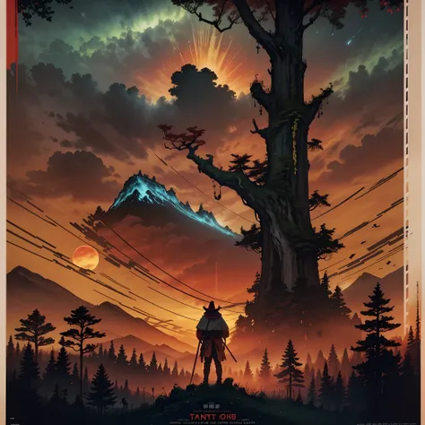 Back of a samurai at sunset，Forest at dusk，Fantastic forest landscape，filmposter，poster for