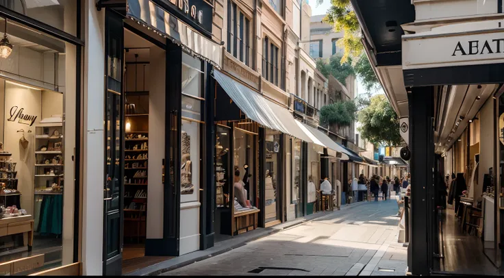 a hyper realistic photography of the Boutiques in Melbourne, Australia, no people, Nikon D850 DSLR 4k camera, 100mm lens, F 1.2 aperture setting, bright and natural lighting, vibrant, fun and relaxing atmosphere