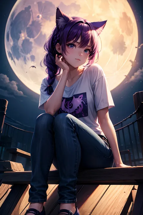 Top quality, high resolution, perfect human structure, background focus, front view, purple hair, glowing hair, cat ears, cfrench braid, crazy eyes, shirt, jeans, sitting, moon, flying,