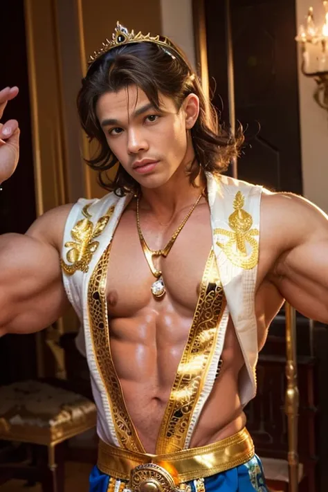 masuter piece、well built、jefri nichol a javanese Male、Age 15、Hot Guy、lite moustache, muscular、macho、wearing majapahit kingdom costume, gold head band, gold shoulder band, gold necklace, gold crown, hair bund,  long-haired、Fade Cut、bodybuilder, Large body、l...