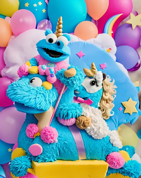 Cookie Monster riding a unicorn