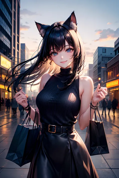 Top quality, high resolution, perfect human structure, background focus, front view, glowing hair, cat ears, black hair, long, city, shopping, smiling, gradient eyes, swept bangs,